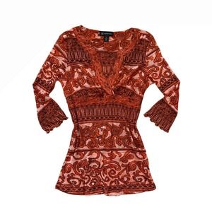 VTG boho pattern‎ orange beige 3/4 sleeve mesh v neck fairy top M Size medium